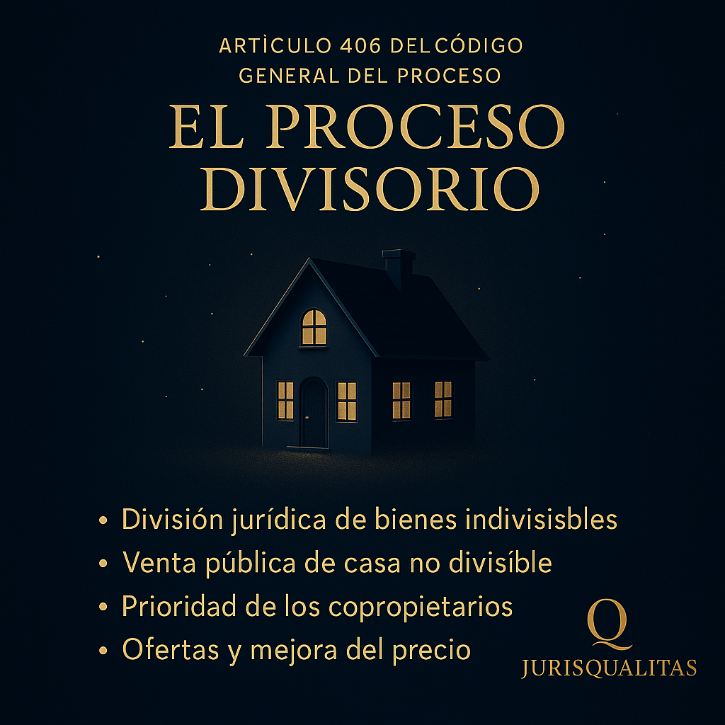 Infografía sobre el proceso divisorio en Colombia según el artículo 406 del Código General del Proceso, incluyendo remate judicial de bienes y participación de copropietarios.
